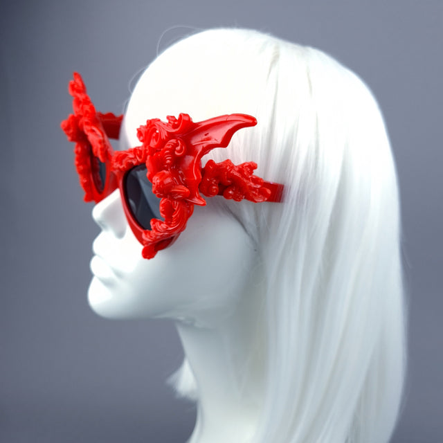 "Bathory" Red Filigree Ornate Bat Wing & Cherub Sunglasses