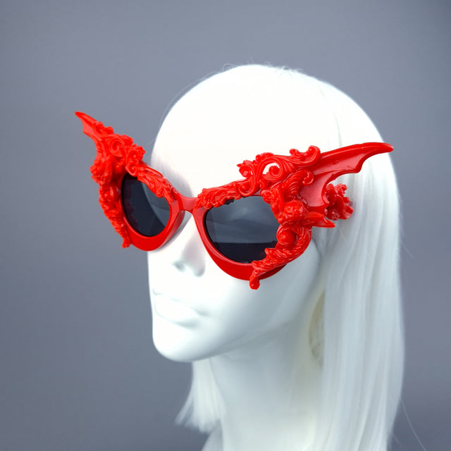 "Bathory" Red Filigree Ornate Bat Wing & Cherub Sunglasses
