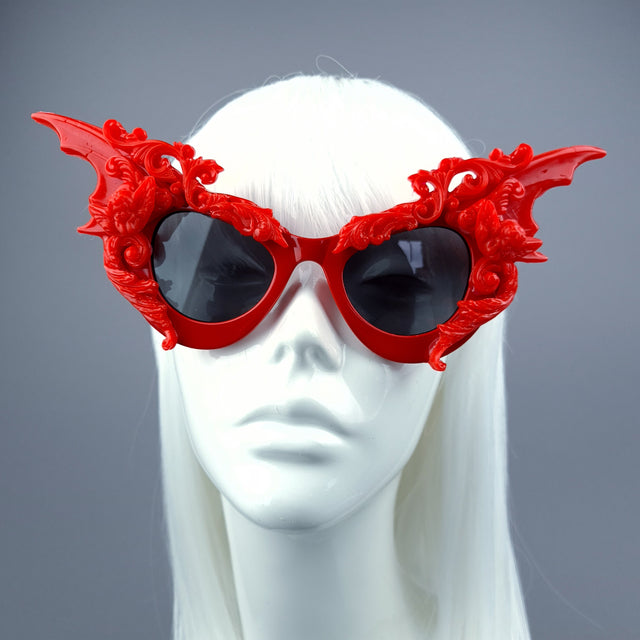 "Bathory" Red Filigree Ornate Bat Wing & Cherub Sunglasses