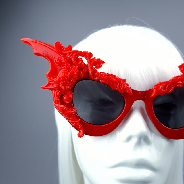 "Bathory" Red Filigree Ornate Bat Wing & Cherub Sunglasses