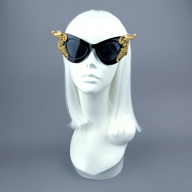 "Amara" Black & Gold Filigree & Scissors Sunglasses
