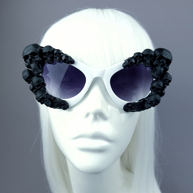 "Phantom" Black Skulls White Cateye Sunglasses