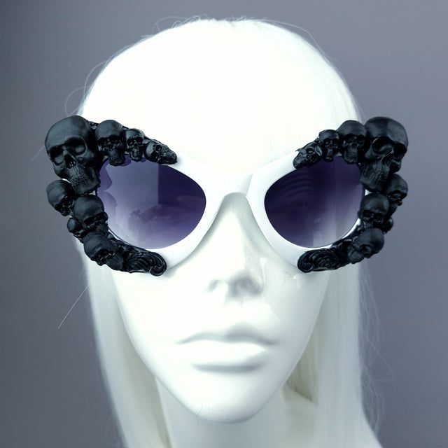 "Phantom" Black Skulls White Cateye Sunglasses