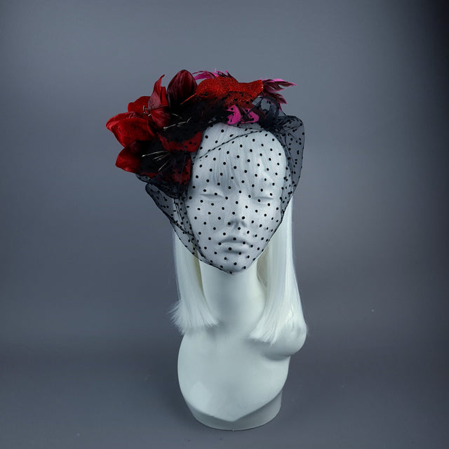 "Akeldama" Red Amaryllis Flower & Bird Veil Headdress