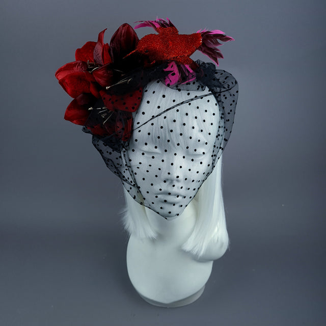 "Akeldama" Red Amaryllis Flower & Bird Veil Headdress