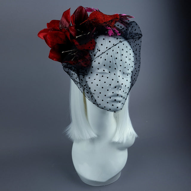 "Akeldama" Red Amaryllis Flower & Bird Veil Headdress