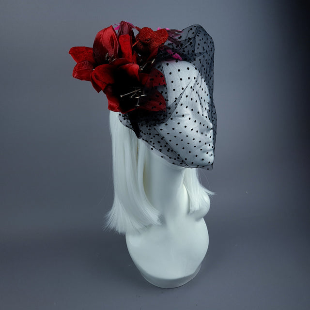 "Akeldama" Red Amaryllis Flower & Bird Veil Headdress