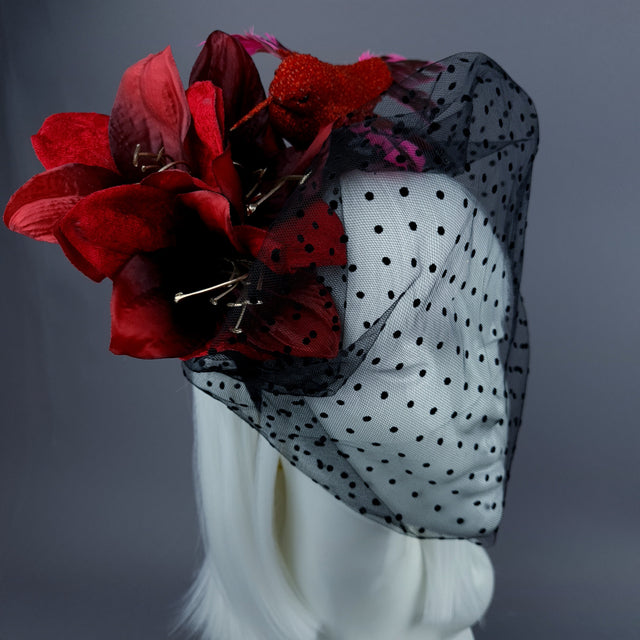 "Akeldama" Red Amaryllis Flower & Bird Veil Headdress