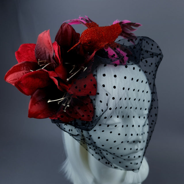 "Akeldama" Red Amaryllis Flower & Bird Veil Headdress