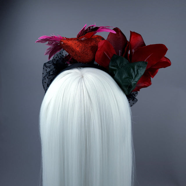 "Akeldama"  Red Amaryllis Flower & Bird Veil Headdress