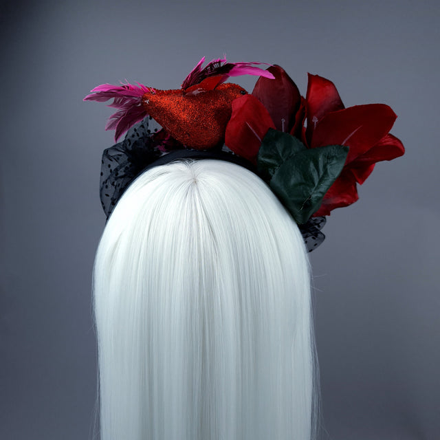"Akeldama" Red Amaryllis Flower & Bird Veil Headdress