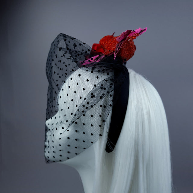 "Akeldama"  Red Amaryllis Flower & Bird Veil Headdress