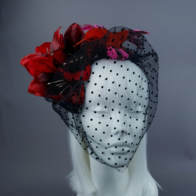 "Akeldama" Red Amaryllis Flower & Bird Veil Headdress