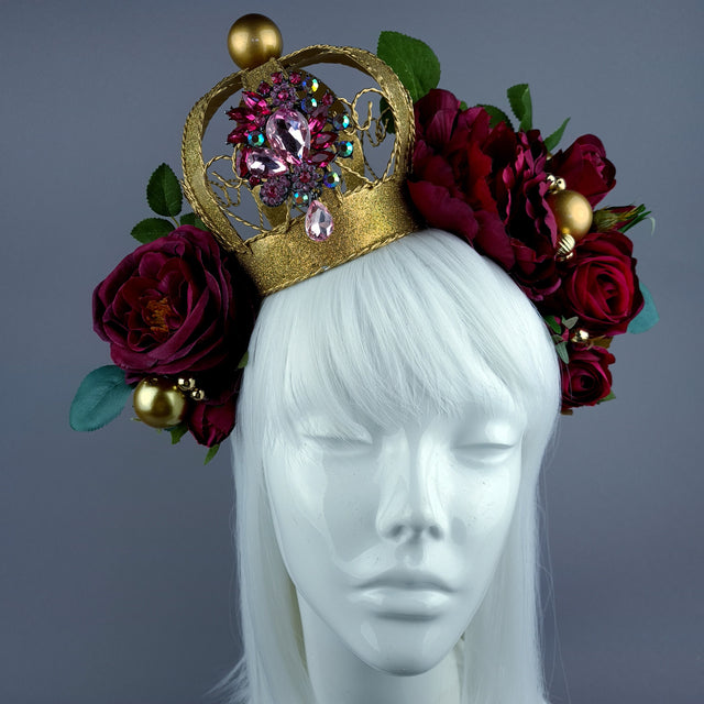 "Teuer" Deep Pink Rose & Crown Headdress