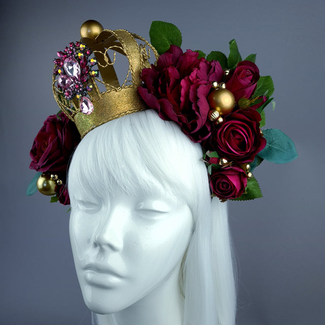 "Teuer" Deep Pink Rose & Crown Headdress