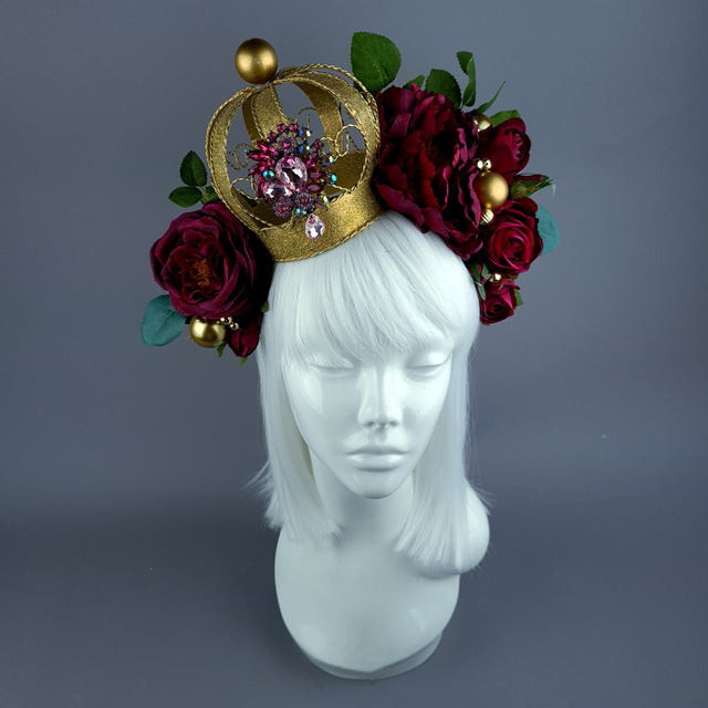"Teuer" Deep Pink Rose & Crown Headdress