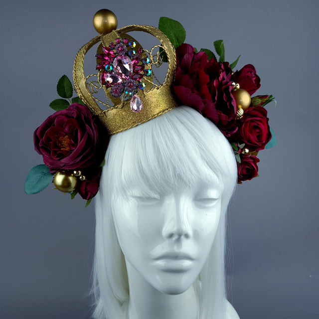 "Teuer" Deep Pink Rose & Crown Headdress