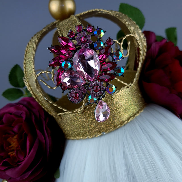 "Teuer" Deep Pink Rose & Crown Headdress