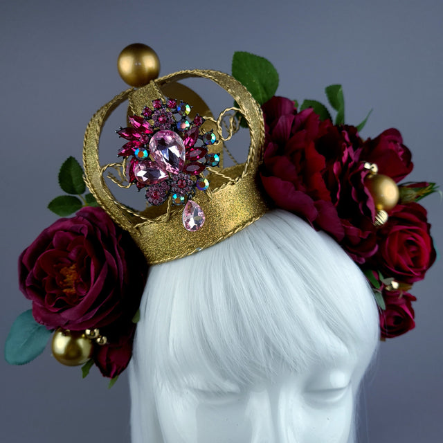 "Teuer" Deep Pink Rose & Crown Headdress