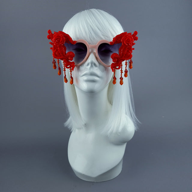 "Seraphina" Pink & Red Cherub, Filigree & Beading Heart Shaped Sunglasses