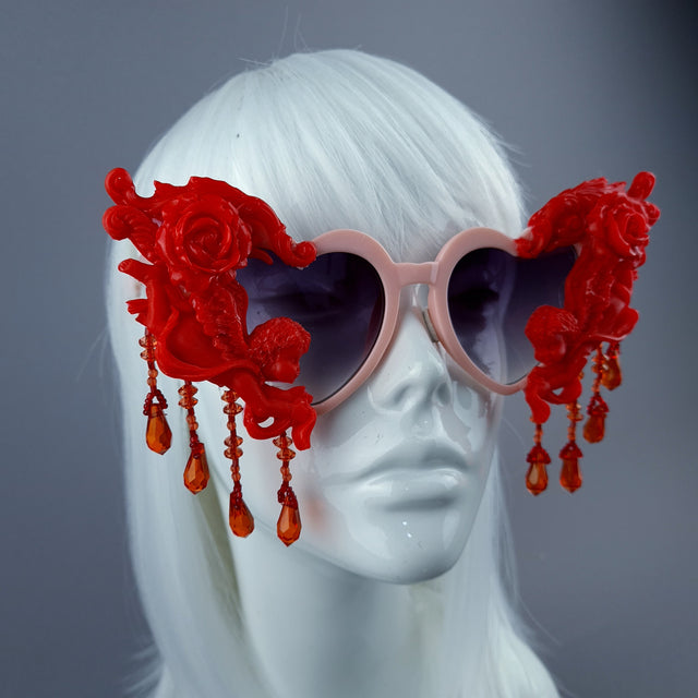 "Seraphina" Pink & Red Cherub, Filigree & Beading Heart Shaped Sunglasses