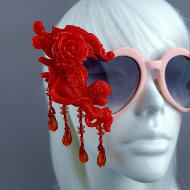 "Seraphina" Pink & Red Cherub, Filigree & Beading Heart Shaped Sunglasses