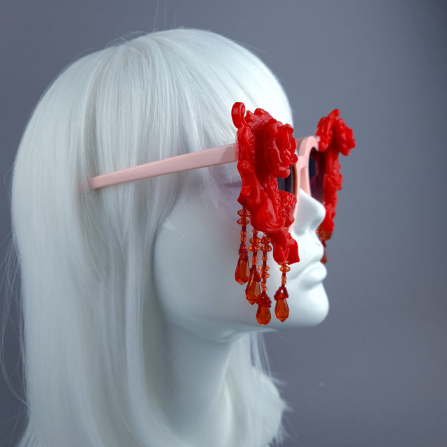 "Seraphina" Pink & Red Cherub, Filigree & Beading Heart Shaped Sunglasses