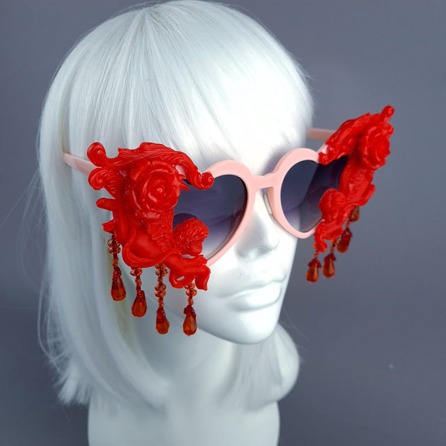 "Seraphina" Pink & Red Cherub, Filigree & Beading Heart Shaped Sunglasses