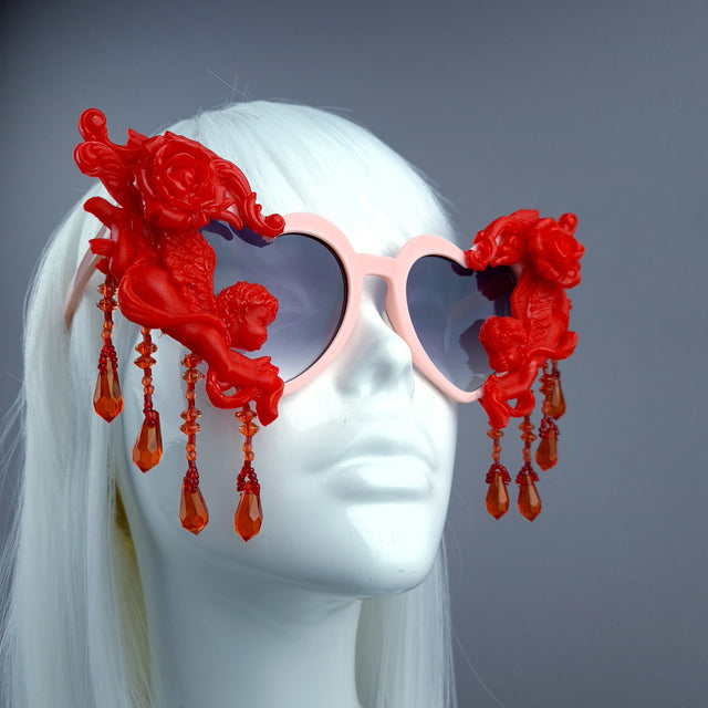"Seraphina" Pink & Red Cherub, Filigree & Beading Heart Shaped Sunglasses