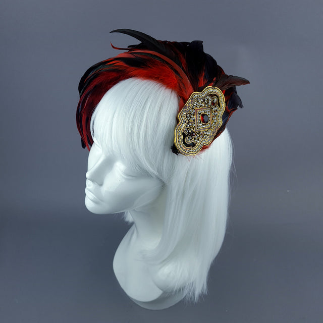 "Hope" Vintage Inspired Red Feather & Jewel Fascinator