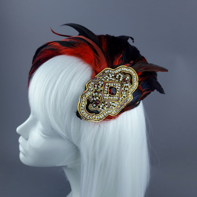 "Hope" Vintage Inspired Red Feather & Jewel Fascinator