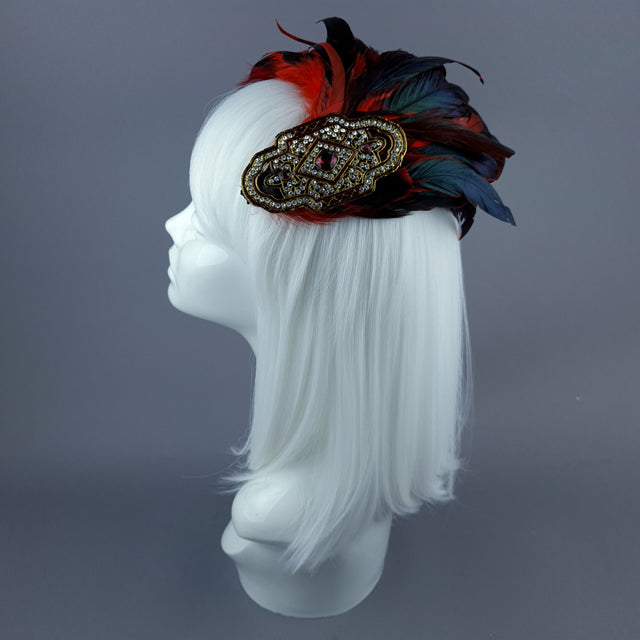 "Hope" Vintage Inspired Red Feather & Jewel Fascinator