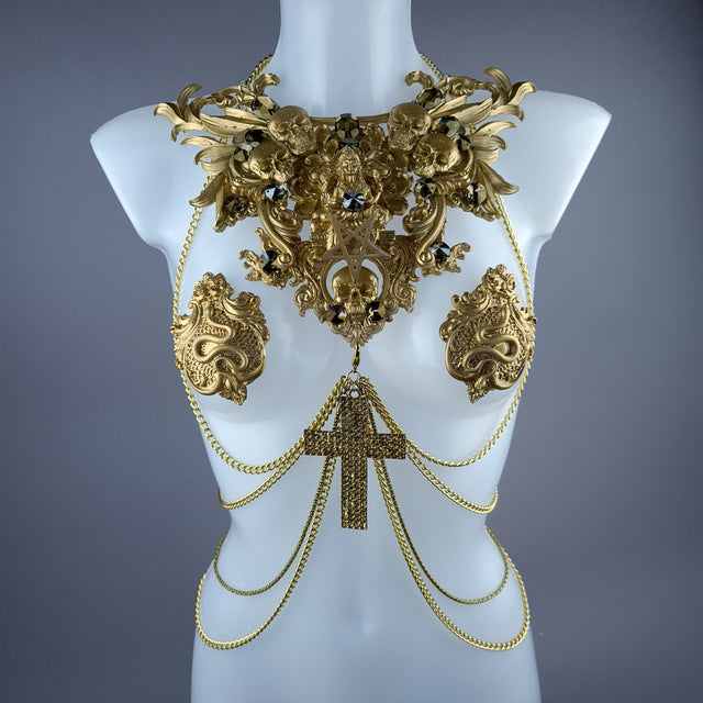 "Astaroth" Gold Skull & Filigree Harness Body Jewellery