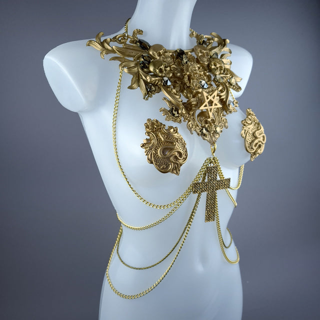 "Astaroth" Gold Skull & Filigree Harness Body Jewellery