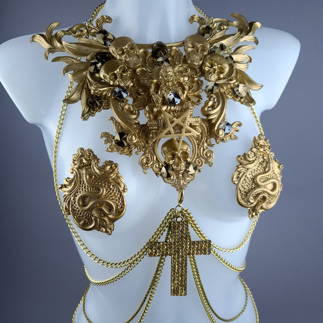 "Astaroth" Gold Skull & Filigree Harness Body Jewellery