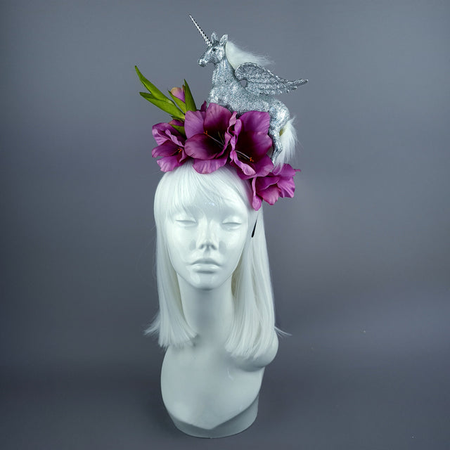 "Somnium" Silver Unicorn & Pink Flower Headdress