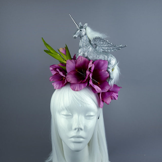 "Somnium" Silver Unicorn & Pink Flower Headdress