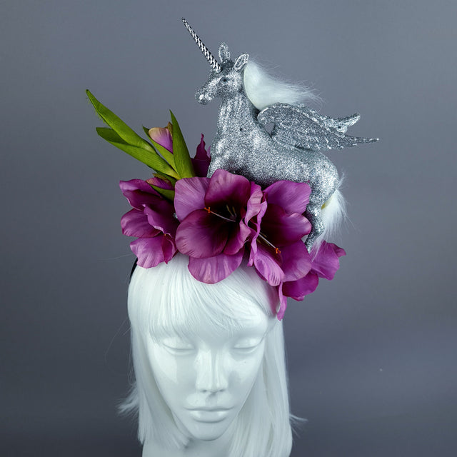 "Somnium" Silver Unicorn & Pink Flower Headdress
