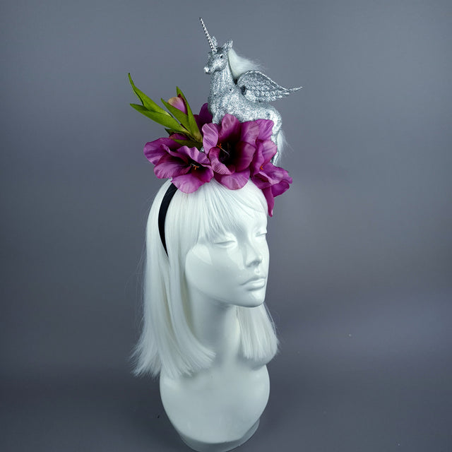 "Somnium" Silver Unicorn & Pink Flower Headdress
