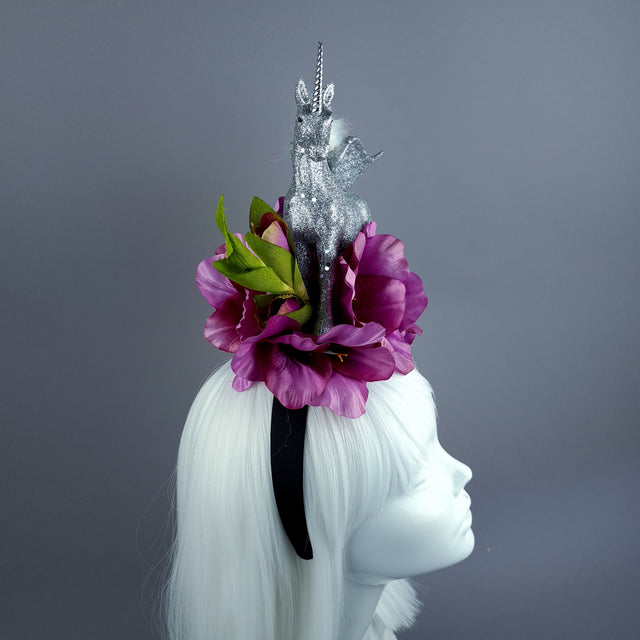 "Somnium" Silver Unicorn & Pink Flower Headdress