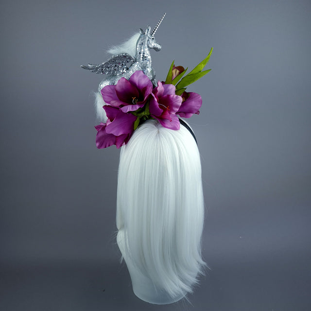 "Somnium" Silver Unicorn & Pink Flower Headdress