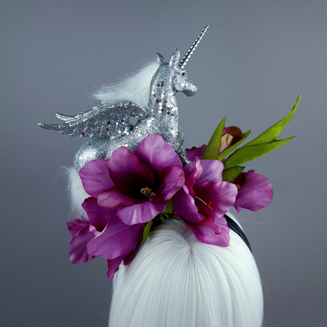 "Somnium" Silver Unicorn & Pink Flower Headdress