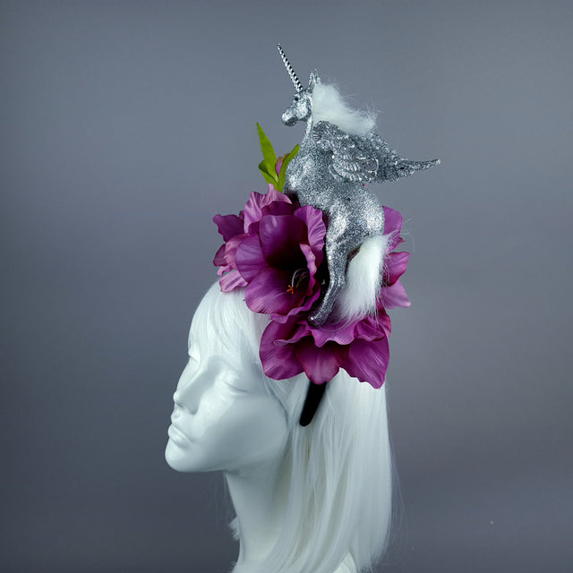 "Somnium" Silver Unicorn & Pink Flower Headdress