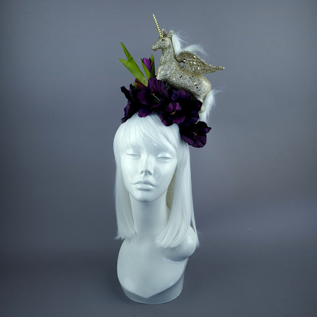 "Somnium" Gold Unicorn & Purple Flower Headdress