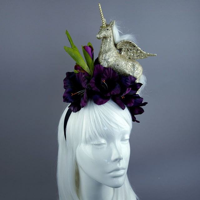 "Somnium" Gold Unicorn & Purple Flower Headdress