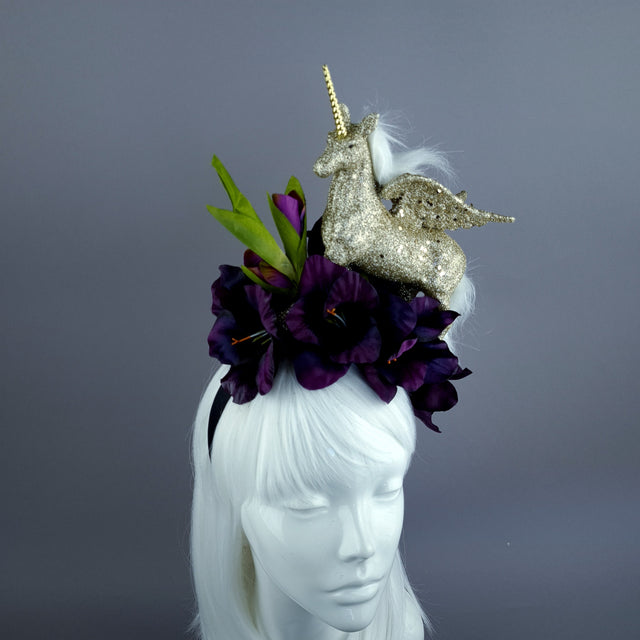 "Somnium" Gold Unicorn & Purple Flower Headdress