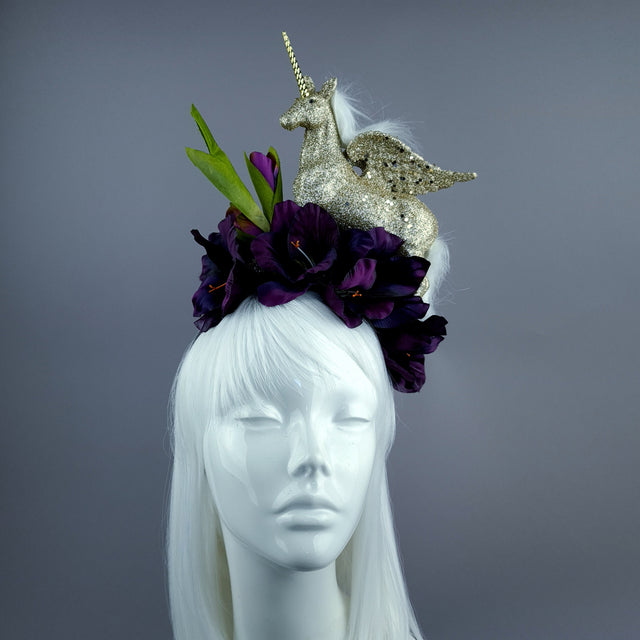 "Somnium" Gold Unicorn & Purple Flower Headdress