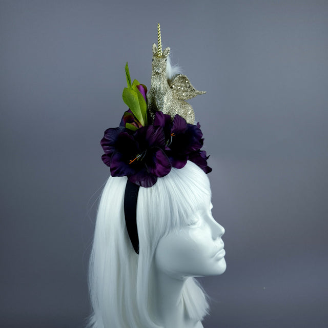 "Somnium" Gold Unicorn & Purple Flower Headdress
