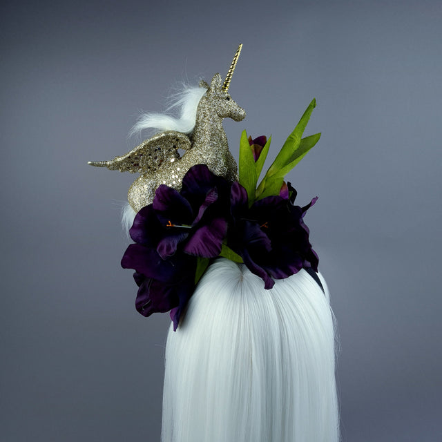 "Somnium" Gold Unicorn & Purple Flower Headdress