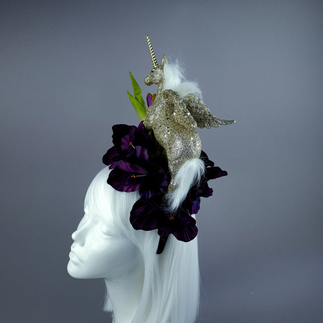 "Somnium" Gold Unicorn & Purple Flower Headdress